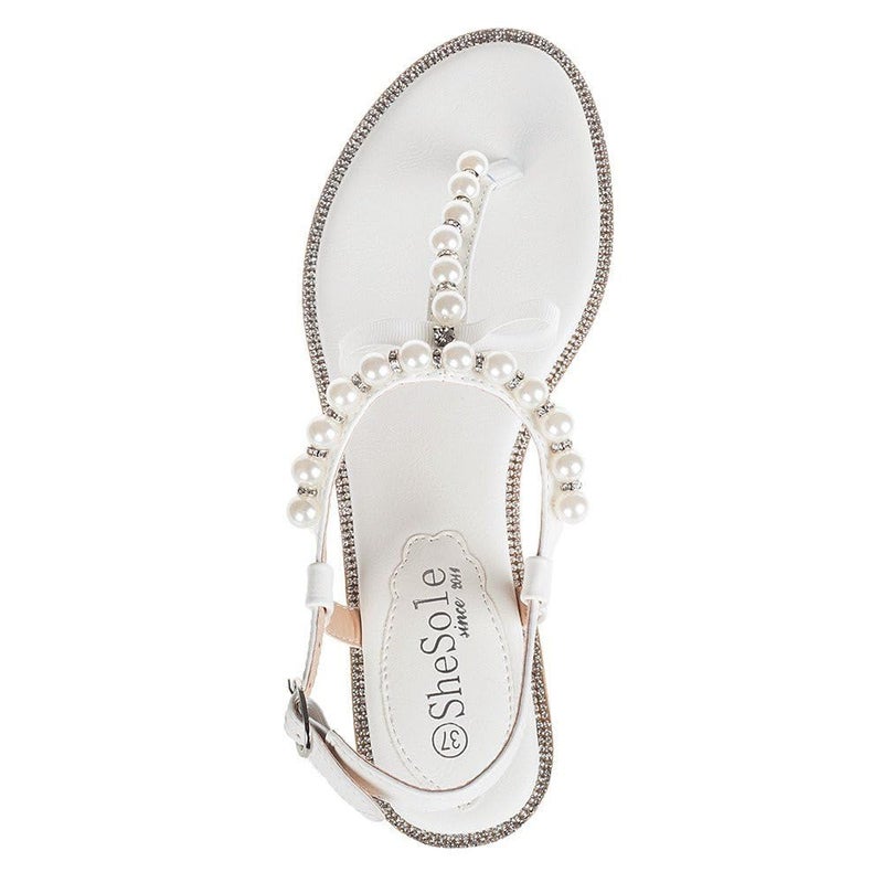 SheSole Women's Pearl T-Strap Bridal White Flat Sandals Beach Wedding Shoes US 8 - Image 3